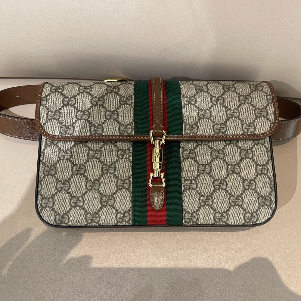 Gucci Beige and Brown GG Pattern Bag with Green and Red Stripe